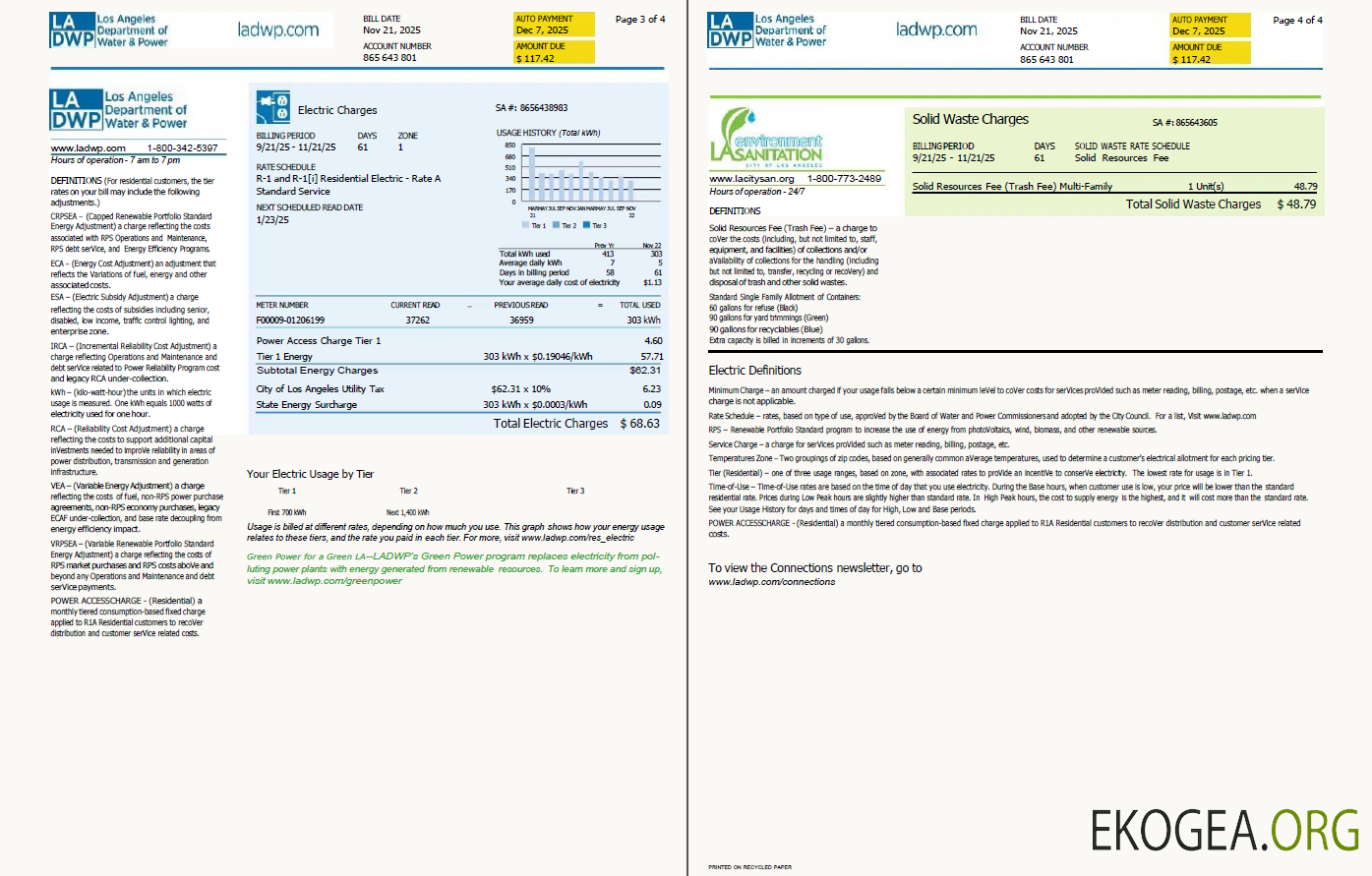 USA LA DWP utility bill template in Word and PDF formats, 4 pages, version 2, 3 4 pages
